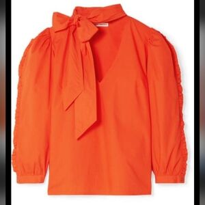 Ulla Johnson Julie Tie Neck Ruffled Cotton Popplin Blouse Orange Size 0